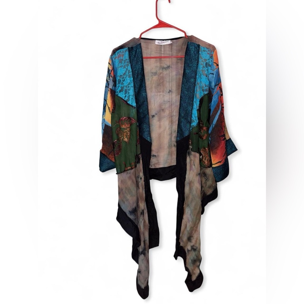 90s Sheer Lace Metallic Bold Botanical Boho Patchwork Duster Kimono